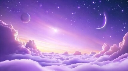 A mesmerizing purple fantasy sky, with soft hues of lilac blending into darker purples, illuminated by sparkling stars and faint nebulae for an ethereal look.