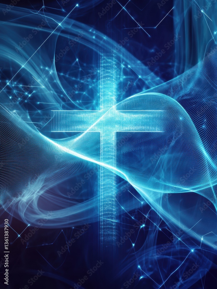 Poster Glowing waveforms merge into a cross-shaped symbol in a high-tech blue and white abstract background representing futuristic medical design Generative AI