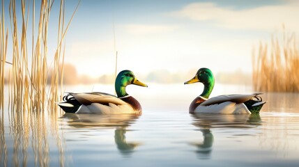 Obraz premium A pair of ducks swimming side by side on a peaceful lake surrounded by tall cattails, with copy space.