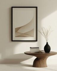 Minimalist abstract art print in beige tones on wooden table with vase and books.