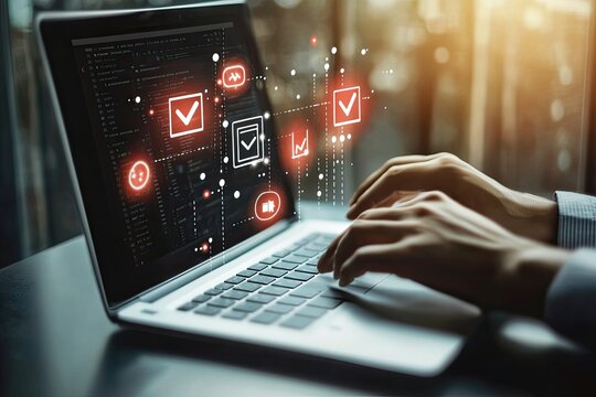 Modern software development workflow.  Hands typing on a laptop, with graphic elements overlaying the screen, illustrating successful code execution, project completion, and approval