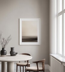 Minimalist abstract art print in modern dining room.