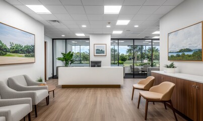 Fototapeta premium Modern Reception Area with Minimalist Decor and Natural Light