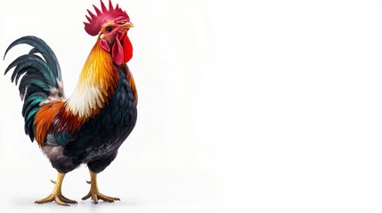 Fototapeta premium A rooster caught mid-crow with an overly dramatic facial expression, exaggerated and funny, with copy space.