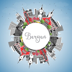 Bergen Norway city skyline with color buildings, blue sky and copy space. Bergen Cityscape with Landmarks. Business Travel and Tourism Concept with Historic Architecture.