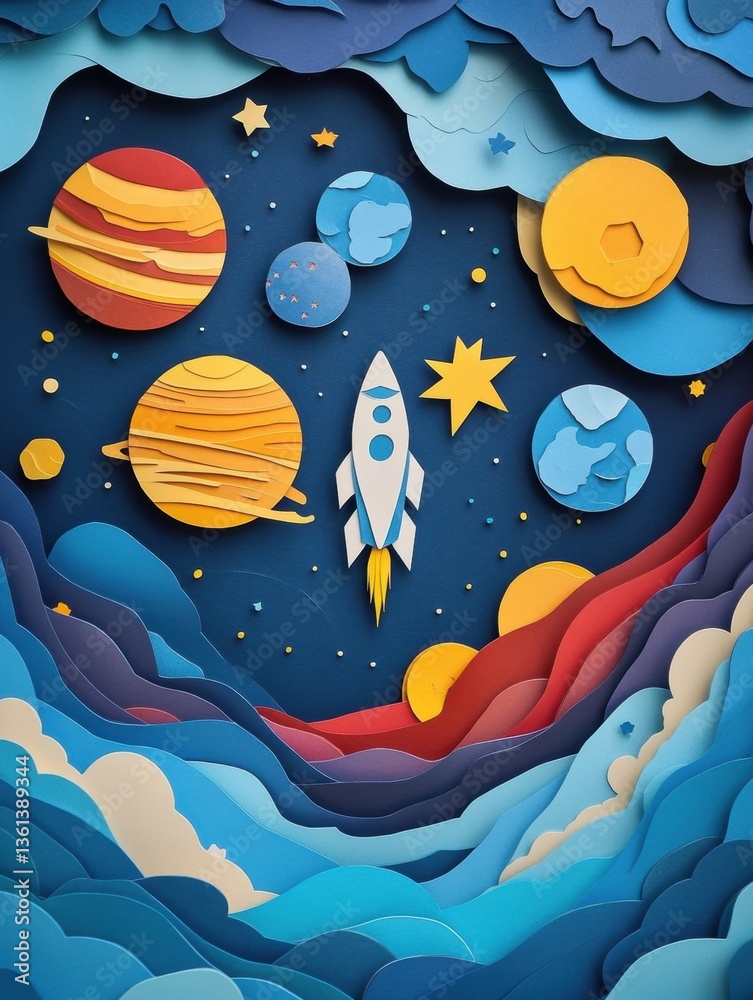 Poster layered paper cut craft of a vibrant space adventure featuring planets and a rocket ship amidst deep