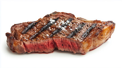 A high-resolution close-up photograph depicts a grilled steak seasoned with sea salt. The steak is presented against a pure white background, enhancing the visual appeal of the subject. The image
