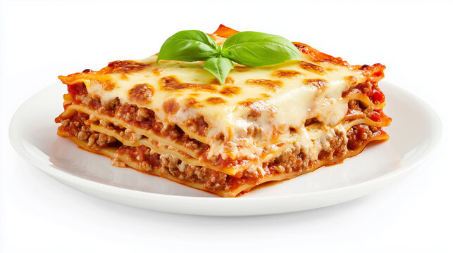 A high-angle, close-up shot depicts a square slice of lasagna on a small, plain white plate against a pure white background. The lasagna is composed of layered pasta sheets, a rich tomato-based meat