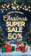 Winter wonderland Christmas sale scene with a snowy background, vibrant holiday decorations, twinkling stars, a festive 50 percent off sale banner glowing in golden light for seasonal shopping deals