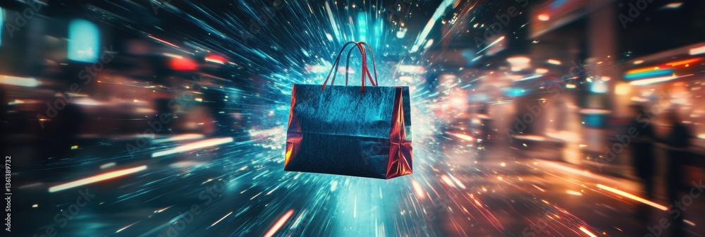 Poster grocery bag teleporting through a vivid sci-fi portal amidst glowing lights and energetic surroundin