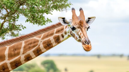 A stunning giraffe with its long neck reaching high into the trees, surrounded by African savannah grassland, perfect for exotic wildlife photography.