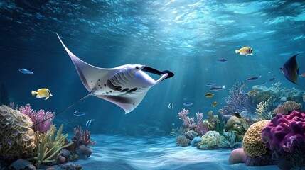 Obraz premium A stunning underwater shot of a manta ray gliding gracefully above the ocean floor, surrounded by fish and soft coral.