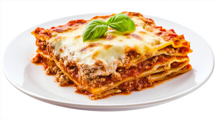 High-angle, close-up shot of a single portion of lasagna on a round white plate. The lasagna is composed of several layers, clearly showing the pasta sheets, meat sauce (appears to be beef or pork),