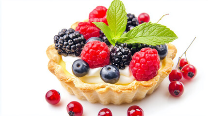 A high-angle, close-up shot depicts a mini tart filled with a creamy base and an assortment of fresh berries, including raspberries, blackberries, blueberries, and red currants.  A sprig of fresh
