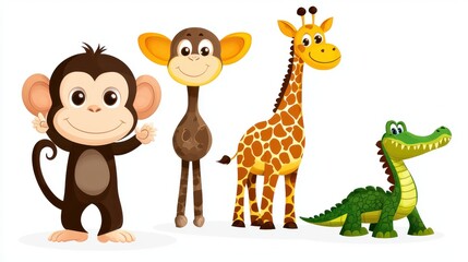 A vibrant animal clipart set of a monkey, elephant, giraffe, and crocodile, in playful, cartoonish style, perfect for children's websites or party invitations, with copy space.