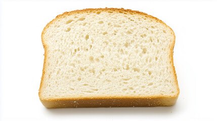 High-angle, close-up studio shot of a single slice of wheat bread against a pure white background.  The bread exhibits a light beige hue, with visible, slightly irregular crumb texture throughout.