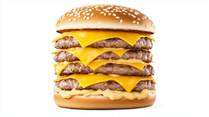 A high-resolution close-up shot of a quadruple cheeseburger against a pure white background. The burger features four stacked beef patties, each layered with melted cheese slices. A generous amount