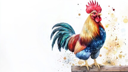 Fototapeta premium Artistic watercolor rooster with vibrant feathers in shades of red, blue, and gold, standing proudly on a wooden fence, with copy space.