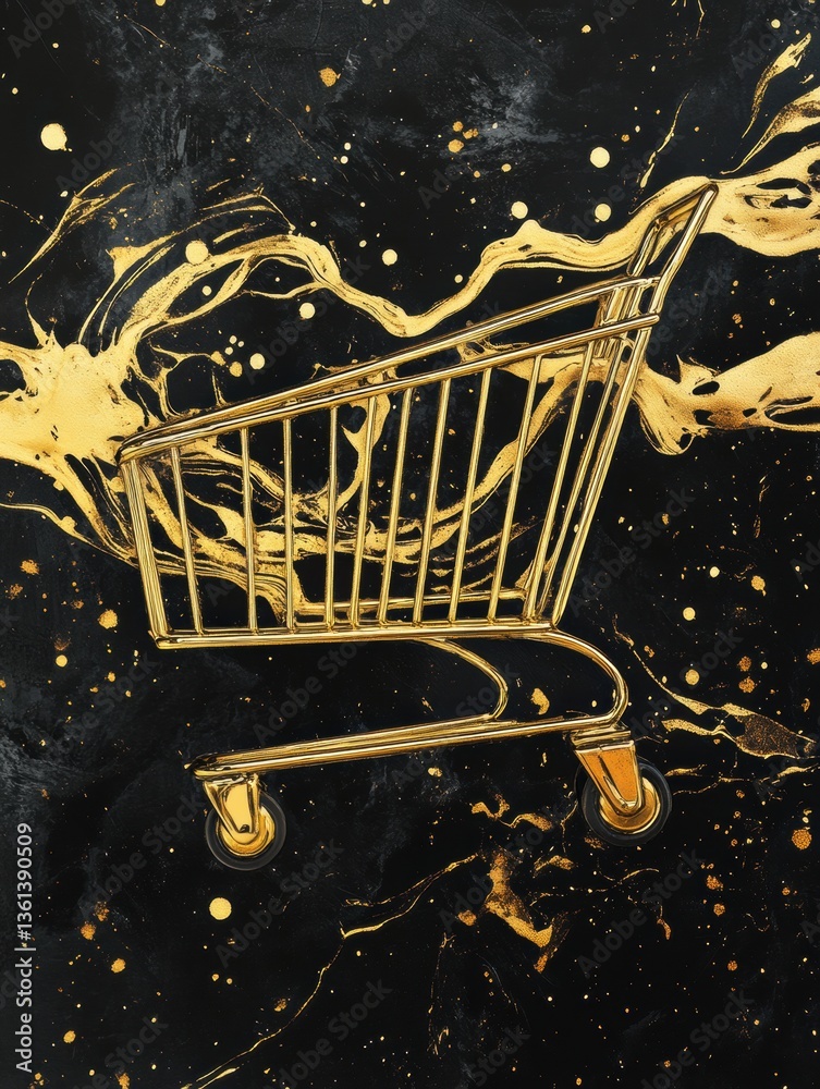 Poster golden grocery cart stands out against a black background, adorned with elegant textures and typogra