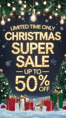 Winter wonderland Christmas sale scene with a snowy background, vibrant holiday decorations, twinkling stars, a festive 50 percent off sale banner glowing in golden light for seasonal shopping deals