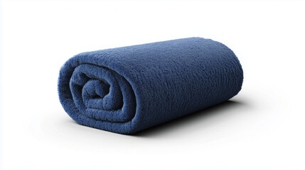 A high-key image showcasing a tightly rolled blue fleece blanket against a pure white background. The blanket displays a smooth, uniform texture with a consistent blue hue. The roll is cylindrical,