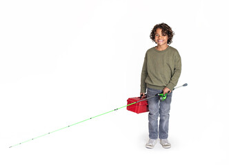 Cute young bi-racial diverse boy walking with his fishing pole and tackle box ready to go fishing. Outdoor recreation and leisure concept photo. Isolated on a white background