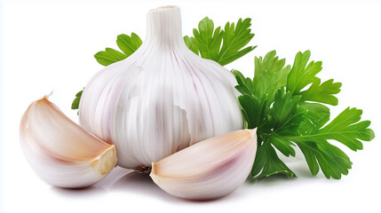 A high-angle, close-up studio shot depicts a whole garlic bulb, with two separated cloves, positioned adjacent to a sprig of fresh parsley against a pure white background. The garlic exhibits a