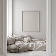 Minimalist bedroom corner with beige bedding and blank frame.