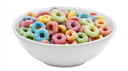 High-angle, close-up studio shot of a white bowl filled with colorful cereal rings. The cereal pieces are small, ring-shaped, and coated in a vibrant array of pastel colors, including pink, yellow,