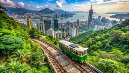 Obraz premium Scenic View of Green Tram Traveling Up Victoria Peak in Hong Kong