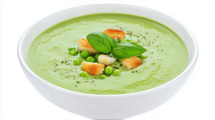 High-angle, close-up studio shot of a creamy green pea soup served in a white bowl. The soup is a vibrant light green color, exhibiting a smooth, creamy texture.  The surface is garnished with small