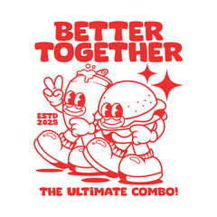 Funny cartoon character of burger and soda. Can be used as Sticker, posters, prints. Retro cartoon style. Vector illustration