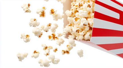 High-angle, close-up shot of popcorn spilling from a classic red and white striped box against a pure white background.  The popcorn kernels exhibit a range of textures and tones, from light beige to