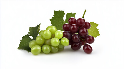 Fototapeta premium A high-angle, close-up shot depicts two clusters of grapes against a clean white background. One cluster is of light green grapes, the other is of dark red grapes. Both clusters are presented with