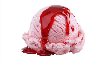 Close-up shot of a single scoop of pale pink strawberry ice cream. The ice cream is slightly rounded and textured, with a glossy appearance. A generous amount of rich, dark pink strawberry sauce or