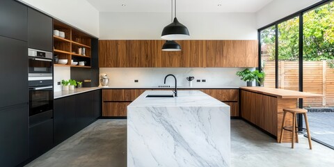 Obraz premium Modern Minimalist Kitchen Design with Wood and Marble Elements