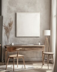 Minimalist home office with wooden desk, chair, and blank canvas.
