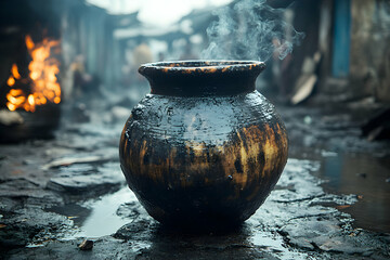 Steaming calabash of merissa in a south sudanese village setting