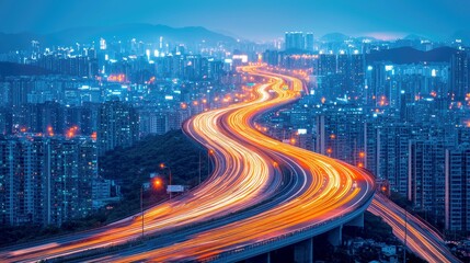 Night City Highway: A Stunning View of Urban Lights and Traffic Flow at Night