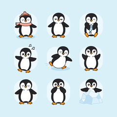 Obraz premium Nine Adorable Cartoon Penguins in Fun Poses