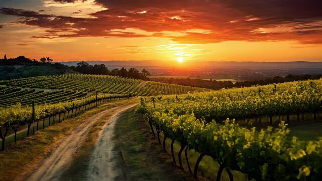 Golden Hour in the Vineyard: Rolling hills covered in lush vineyards stretch towards the horizon, where the sun dips below the horizon in a symphony of fiery hues.
