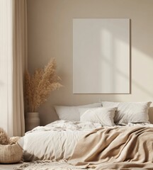 Minimalist bedroom interior with beige bedding, pampas grass, and blank canvas.