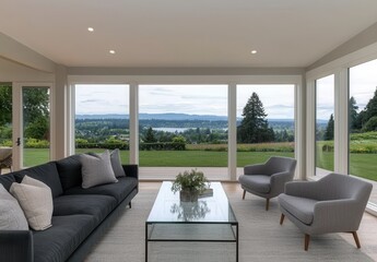 Fototapeta premium Modern Living Room with Scenic View Overlooking Lake and Greenery