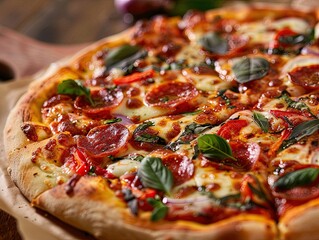 Delicious pepperoni pizza topped with fresh basil