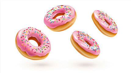 Four pink-glazed donuts are depicted against a pure white background, each donut seemingly floating in mid-air.  The donuts exhibit a high level of detail: a light-brown, subtly textured dough is