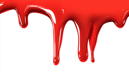 Close-up image showcasing a viscous, red liquid dripping downwards against a stark white background. The liquid exhibits a glossy sheen and high surface tension, with individual streams demonstrating
