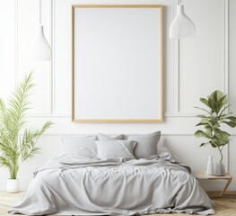 Minimalist bedroom interior with empty frame mockup. (1)