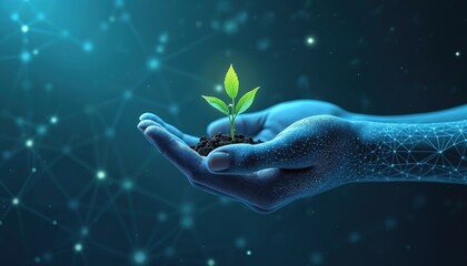 Digital hand nurtures green sprout, tech growth environmental sustainability. Futuristic blue network background, connections, eco, nature, AI, biotechnology, innovation, progress, virtual, organic.