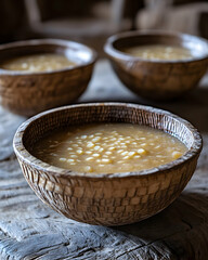 Authentic South Sudanese Merissa Served in Traditional Calabash Bowls on Rustic Wooden Table