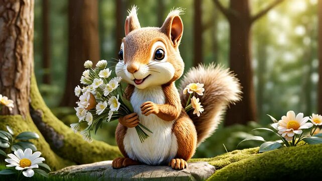 Adorable animated squirrel holding a bouquet of daisies sits on a mossy rock in a sunlit forest